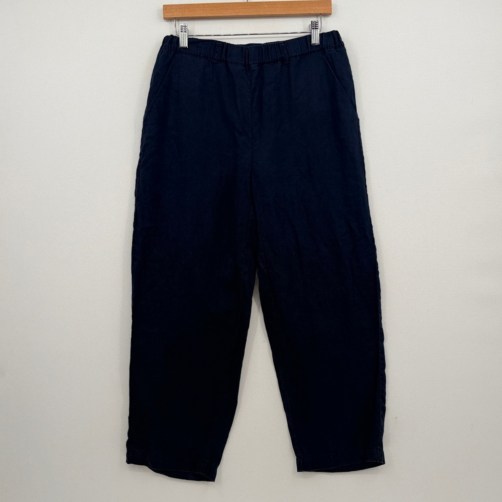 Quince Linen Pants Womens Small Navy Blue Elastic Waist Trousers Coastal Travel